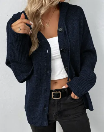 Ins Single breasted Hooded Sweater Women's Solid Color Cardigan Coat Clothing Navy Blue - Shop at LoveMi