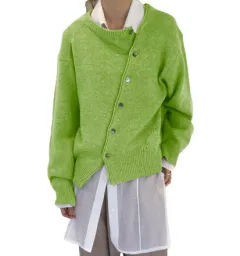 Design Lazy Style Sweater Long Sleeve Round Neck Knitted Cardigan Women - Green - View 1