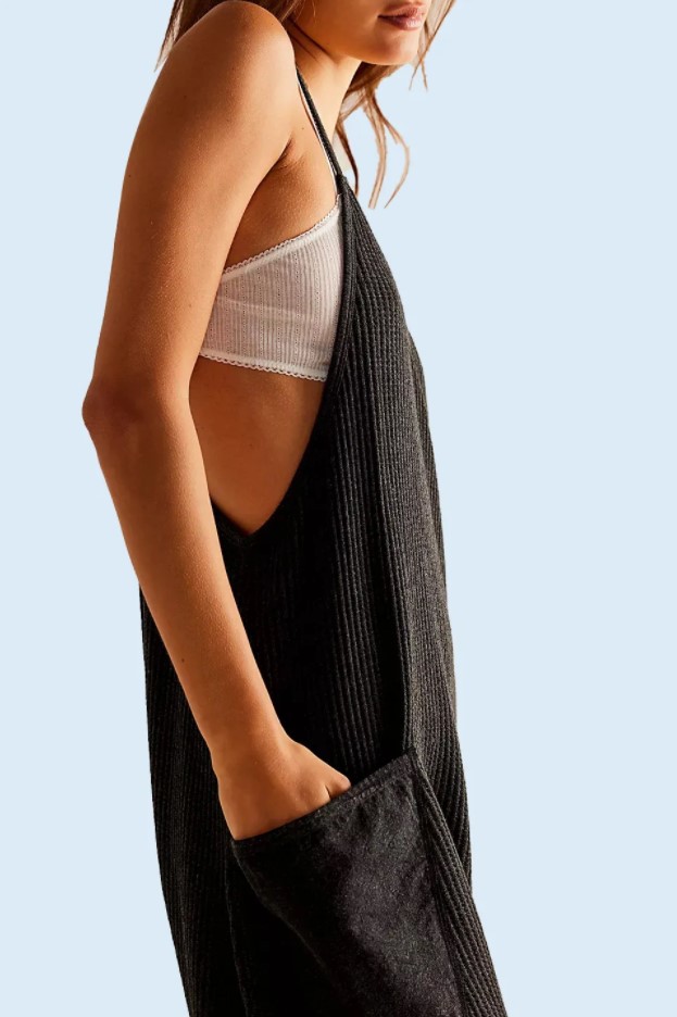 Waffle Knitted Trousers Jumpsuit Suspender Pants - Image 4