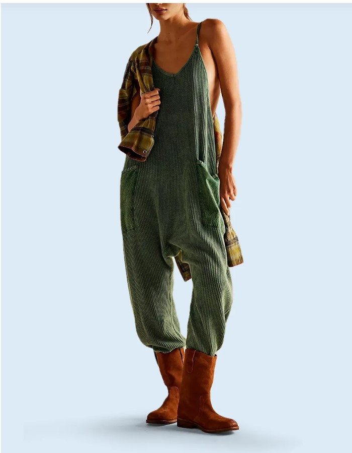Waffle Knitted Trousers Jumpsuit Suspender Pants