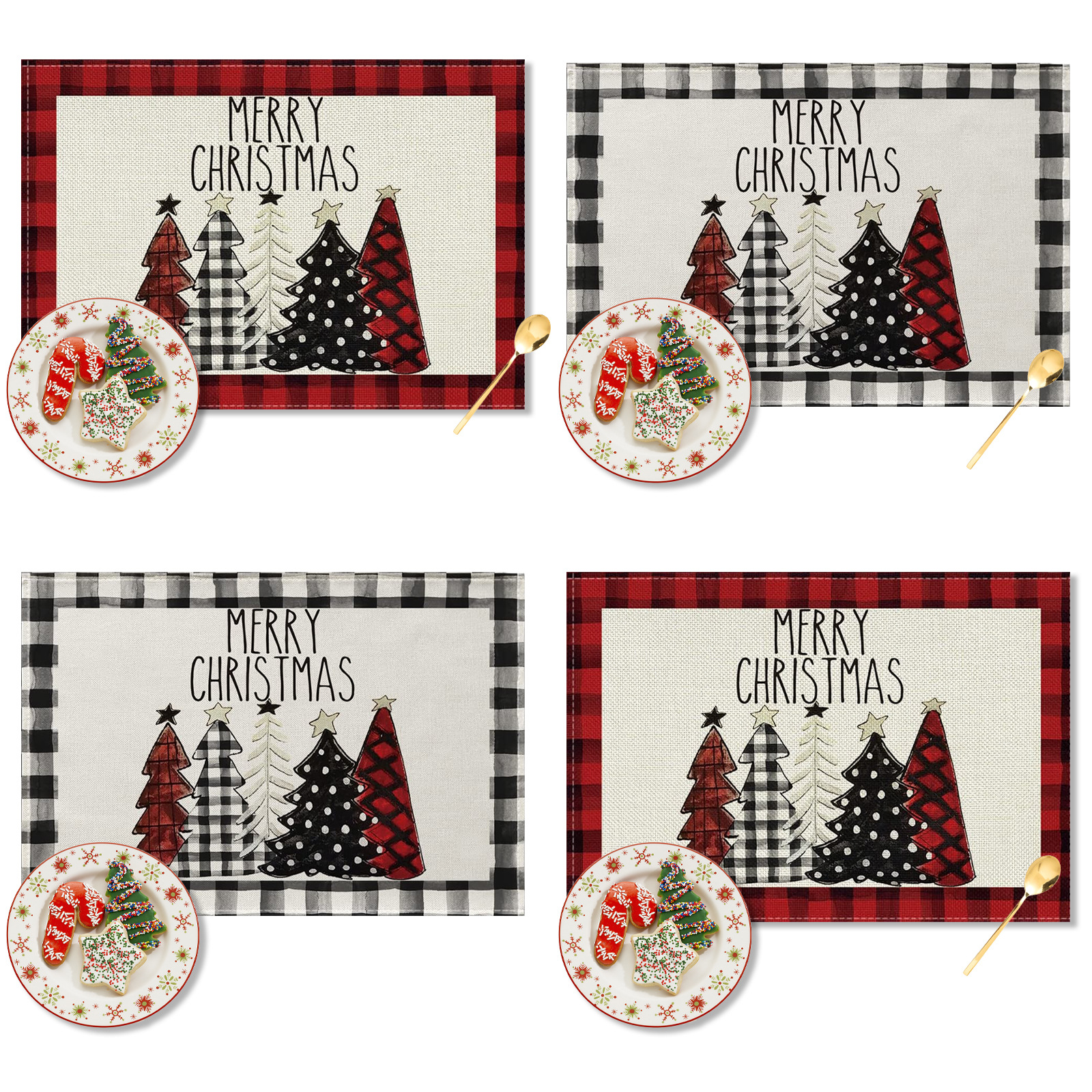 Christmas Scene Setting Props Cartoon Linen Plaid Placemat