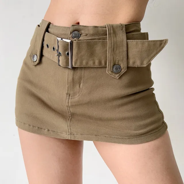 American Retro Wide Waistband Denim Mini Skirt Army Green - Shop at LoveMi