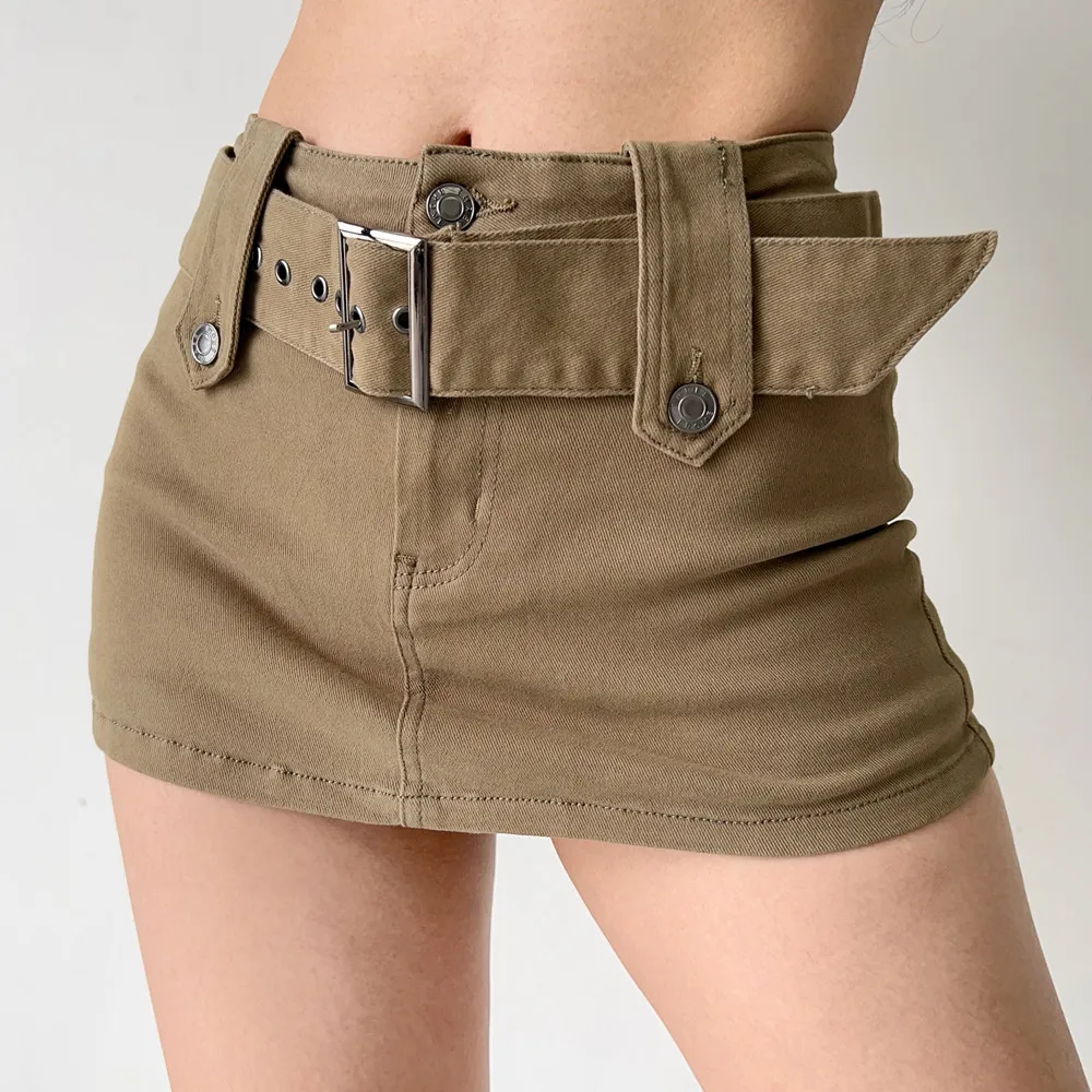 American Retro Wide Waistband Denim Mini Skirt - Army Green