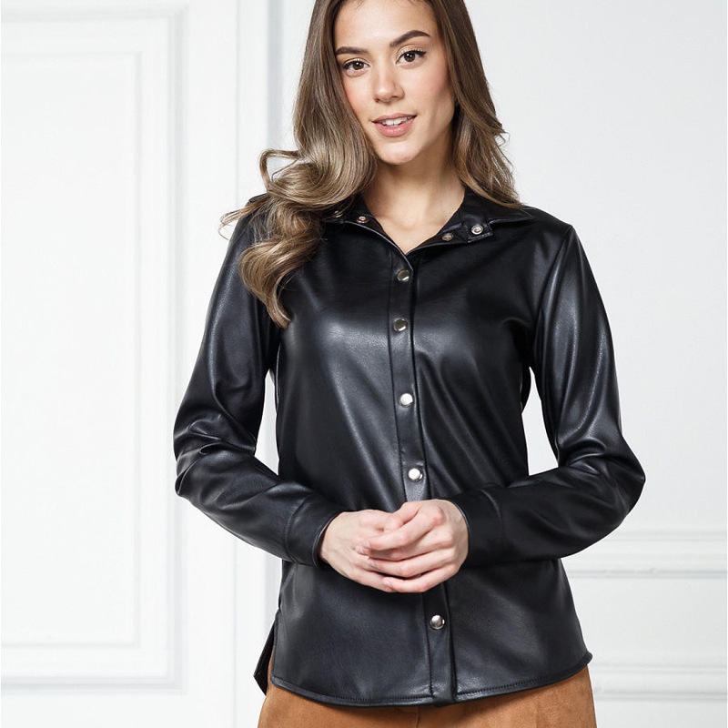 Black PU Leather Shirt Women's European And American Style