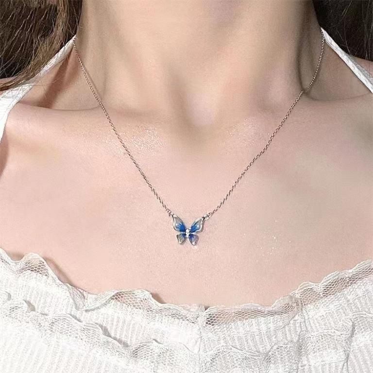 French Empty Window Enamel Gradient Blue Butterfly Necklace Clavicle Chain