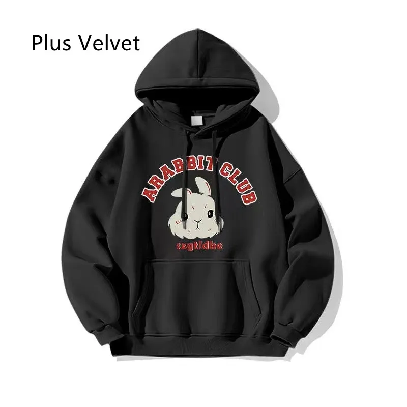 Female Autumn And Winter Rabbit Printed Hoodie - Black With Extra Lining