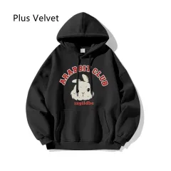 Female Autumn And Winter Rabbit Printed Hoodie - Black With Extra Lining - View 1
