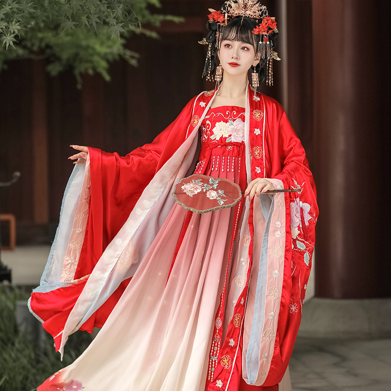 Women's Han Chinese Clothing Red Traditional Embroidery Cheko Skirt Wedding Flower Suit