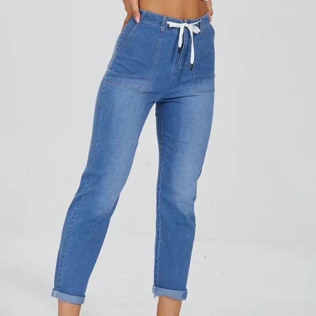 Belt Design Lady Trousers With An Elasticated Waist Light Blue - Shop at LoveMi