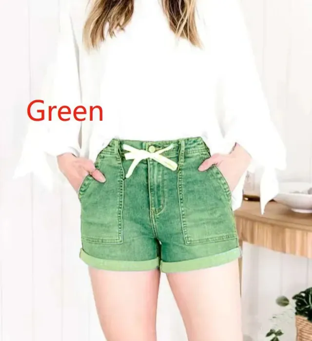 Belt Design Lady Trousers With An Elasticated Waist Shorts Grass Green - Shop at LoveMi