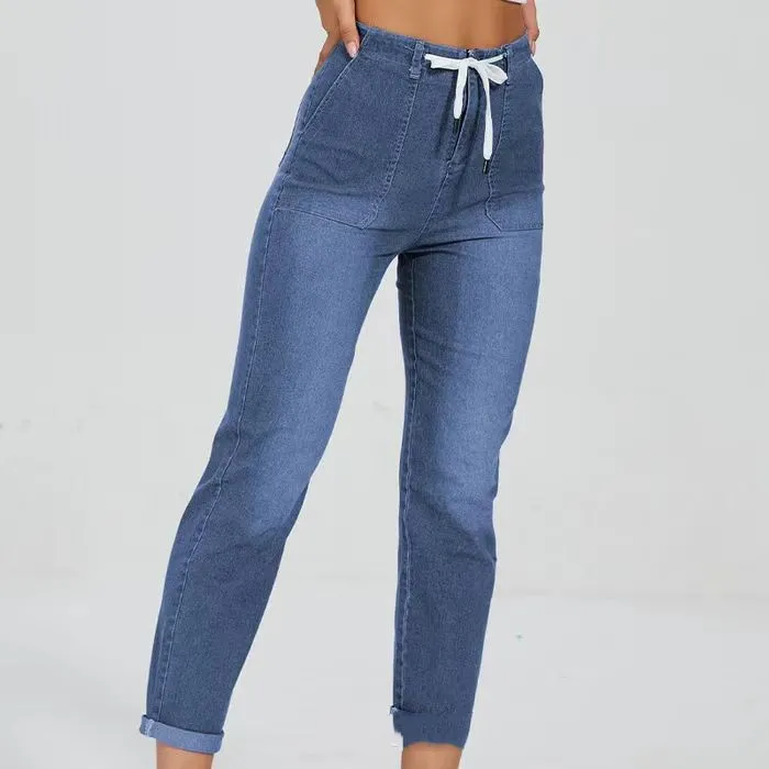 Belt Design Lady Trousers With An Elasticated Waist - Dark Blue