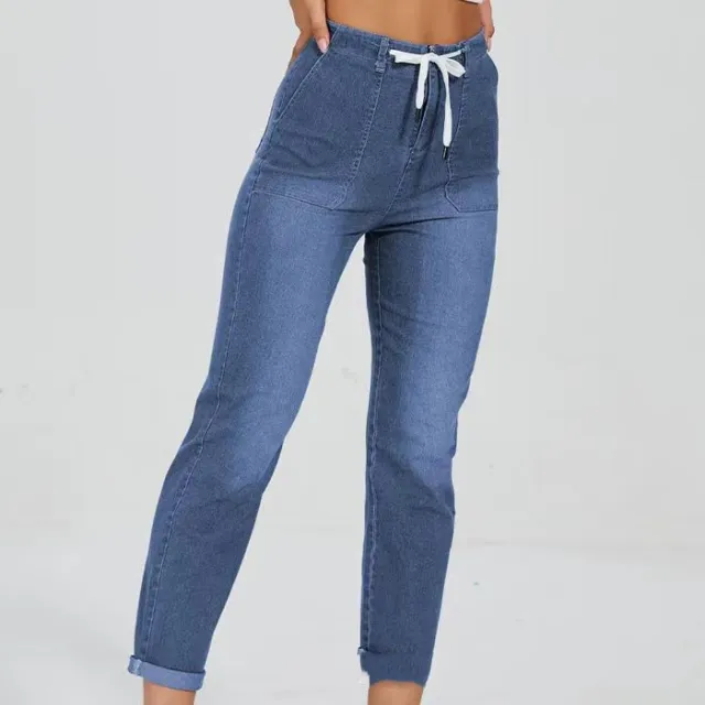 Belt Design Lady Trousers With An Elasticated Waist Dark Blue - Shop at LoveMi