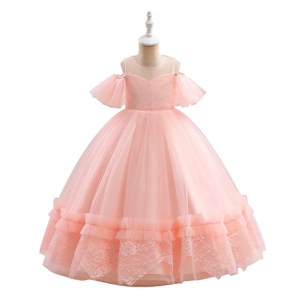 Girls' Lace Stitching Umbrella Princess Dress - Dried Shrimp Powder