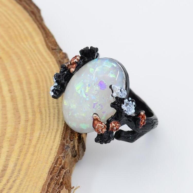 Vintage Flower Opal Ring Black Gold Finger