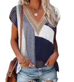 European And American Summer Women's V neck Lace T shirt Casual Top 3Style L - Shop at LoveMi