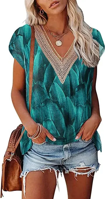 European And American Summer Women's V neck Lace T shirt Casual Top 13Style M - Shop at LoveMi