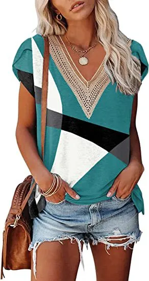 European And American Summer Women's V neck Lace T shirt Casual Top 10Style M - Shop at LoveMi
