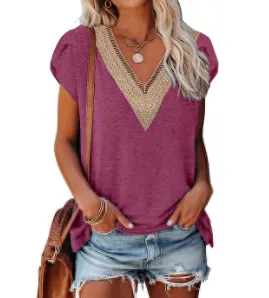 European And American Summer Women's V-neck Lace T-shirt Casual Top - 4Style