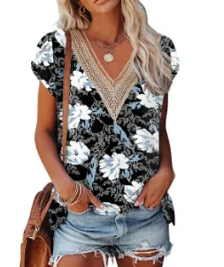 European And American Summer Women's V neck Lace T shirt Casual Top 15Style Xl - Shop at LoveMi