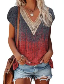 European And American Summer Women's V-neck Lace T-shirt Casual Top - 17Style