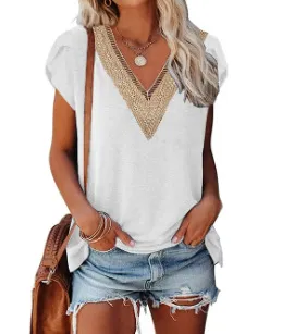 European And American Summer Women's V neck Lace T shirt Casual Top 7Style - Shop at LoveMi