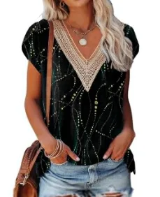 European And American Summer Women's V-neck Lace T-shirt Casual Top - 2Style