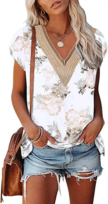European And American Summer Women's V neck Lace T shirt Casual Top 28Style 2Xl - Shop at LoveMi