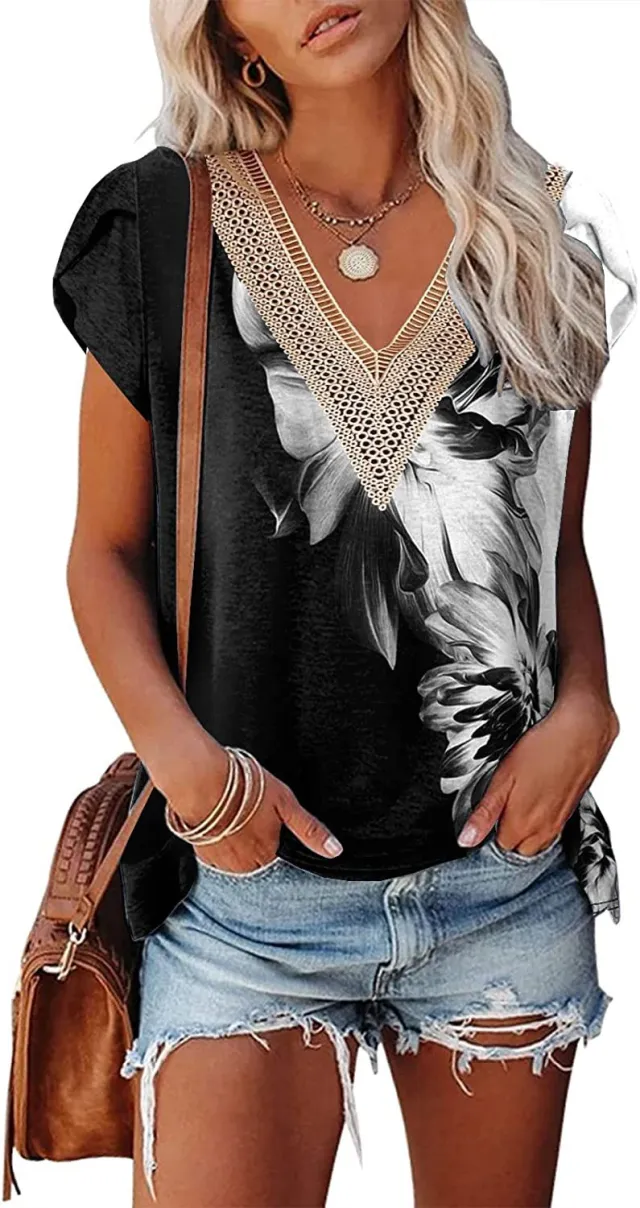 European And American Summer Women's V neck Lace T shirt Casual Top 22Style M - Shop at LoveMi