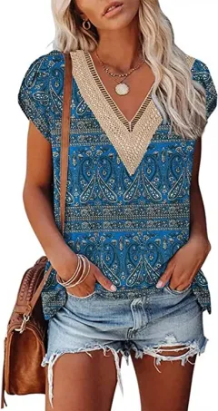 European And American Summer Women's V-neck Lace T-shirt Casual Top - 35Style-Xl - View 1