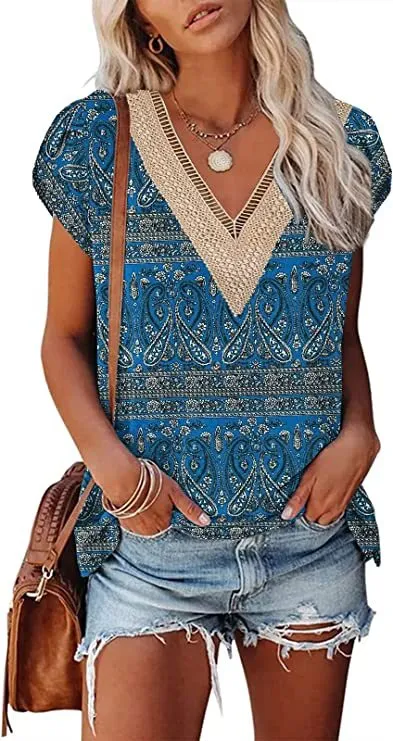 European And American Summer Women's V neck Lace T shirt Casual Top 35Style M - Shop at LoveMi