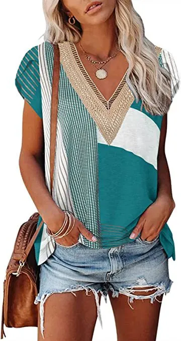 European And American Summer Women's V-neck Lace T-shirt Casual Top - 23Style-Xl