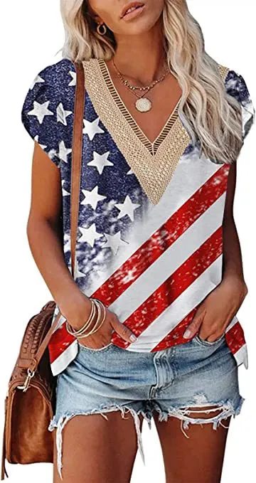 European And American Summer Women's V neck Lace T shirt Casual Top 32Style - Shop at LoveMi