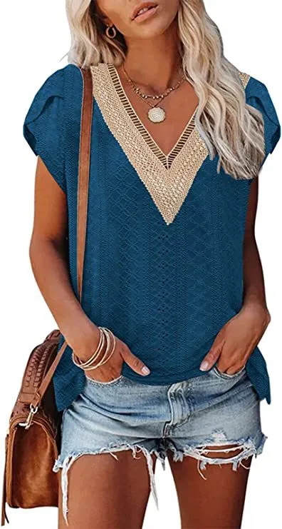 European And American Summer Women's V-neck Lace T-shirt Casual Top - 29Style-Xl