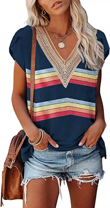 European And American Summer Women's V-neck Lace T-shirt Casual Top