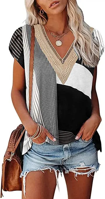 European And American Summer Women's V-neck Lace T-shirt Casual Top - 34Style