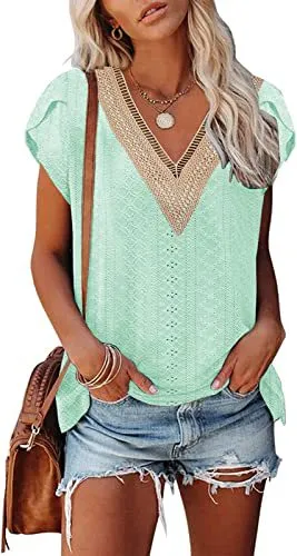European And American Summer Women's V neck Lace T shirt Casual Top 36Style M - Shop at LoveMi