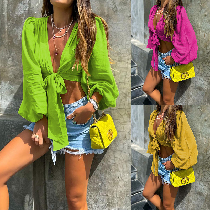 Women's Fashion Long Sleeve Deep V-neck Short Top