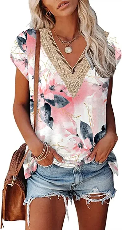 European And American Summer Women's V neck Lace T shirt Casual Top 19Style S - Shop at LoveMi