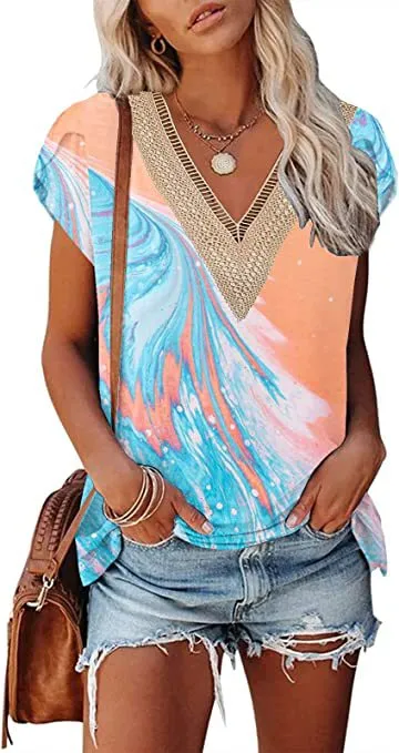 European And American Summer Women's V-neck Lace T-shirt Casual Top - 30Style-M