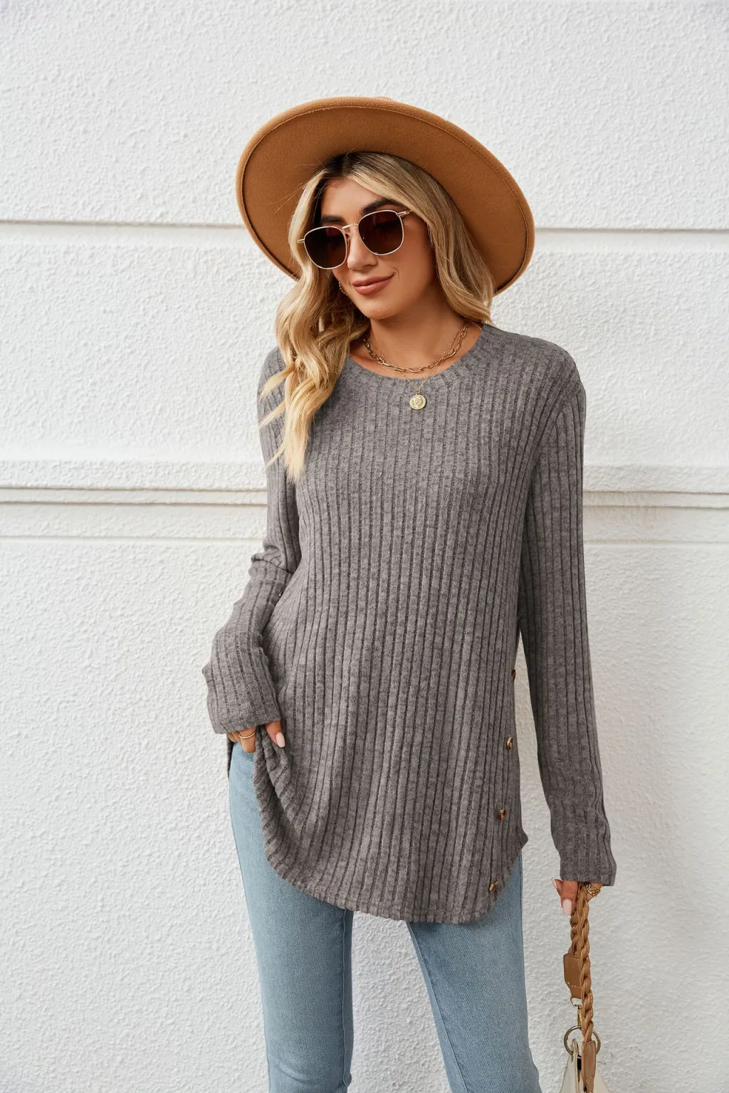 Autumn And Winter New Round Neck Long Sleeve Loose Button T-shirt Top For Women - Dark Gray