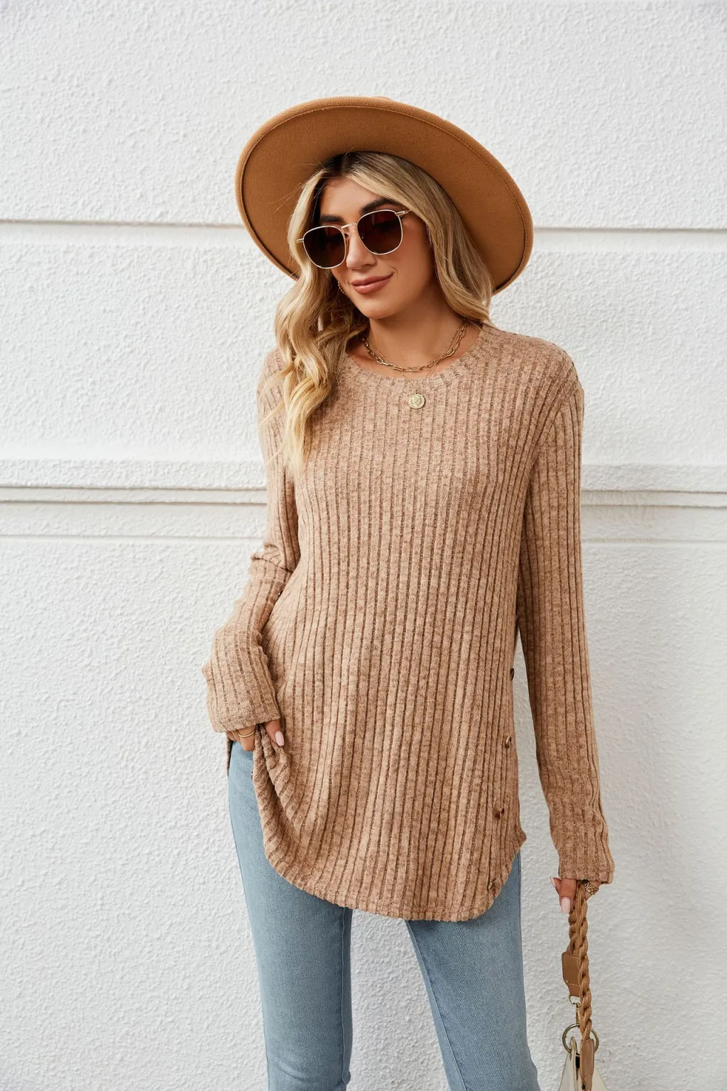 Autumn And Winter New Round Neck Long Sleeve Loose Button T-shirt Top For Women - Camel