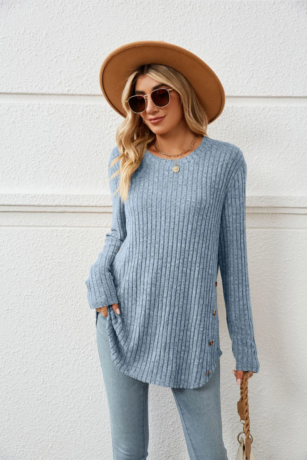 Autumn And Winter New Round Neck Long Sleeve Loose Button T-shirt Top For Women - Blue