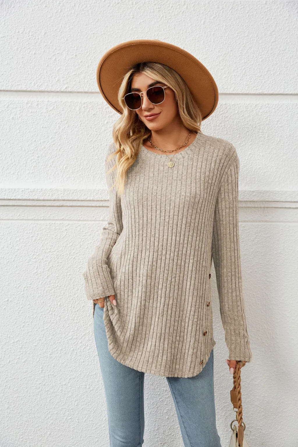 Autumn And Winter New Round Neck Long Sleeve Loose Button T-shirt Top For Women - Apricot Grey