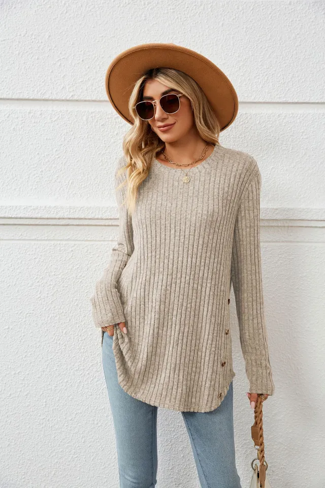 Autumn And Winter New Round Neck Long Sleeve Loose Button T shirt Top For Women Apricot Gray - Shop at LoveMi