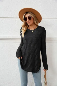 Autumn And Winter New Round Neck Long Sleeve Loose Button T-shirt Top For Women - Black - View 1