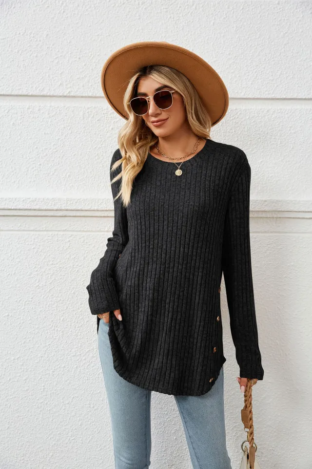 Autumn And Winter New Round Neck Long Sleeve Loose Button T shirt Top For Women Black - Shop at LoveMi