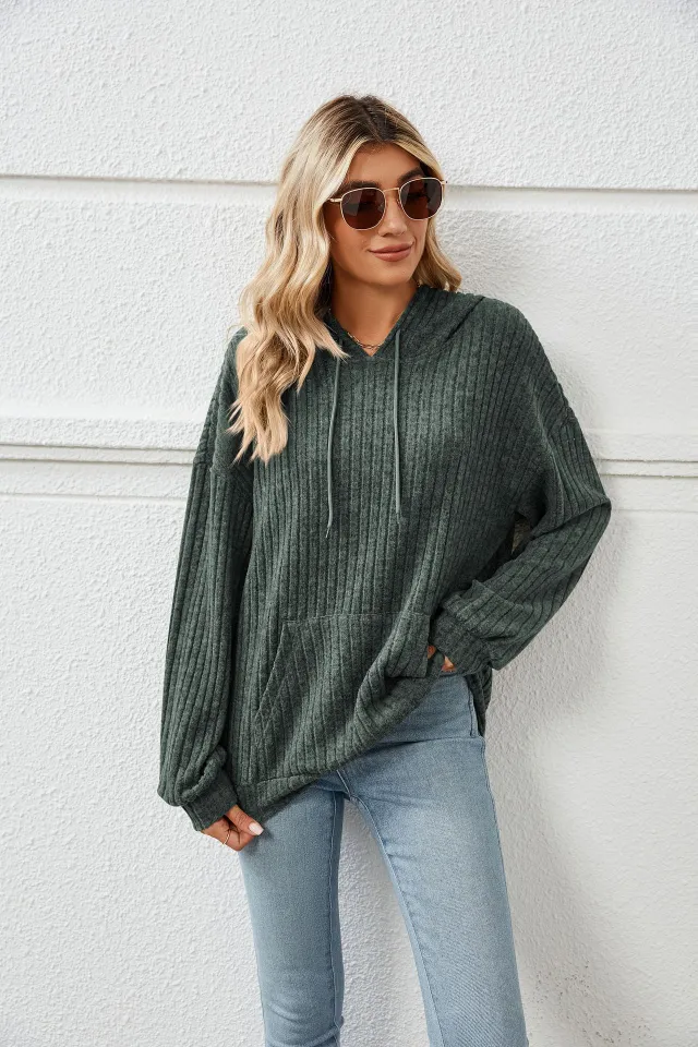 Knitted Sweater With Hooded Pit Stripe Kangaroo Pocket Sweater Green - Shop at LoveMi