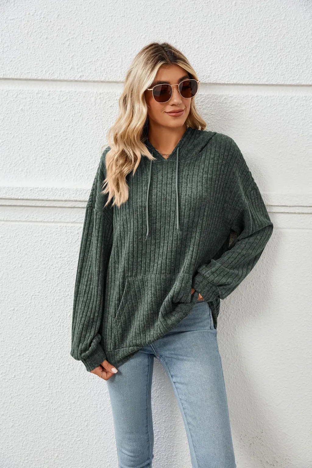 Knitted Sweater With Hooded Pit Stripe Kangaroo Pocket Sweater - Green