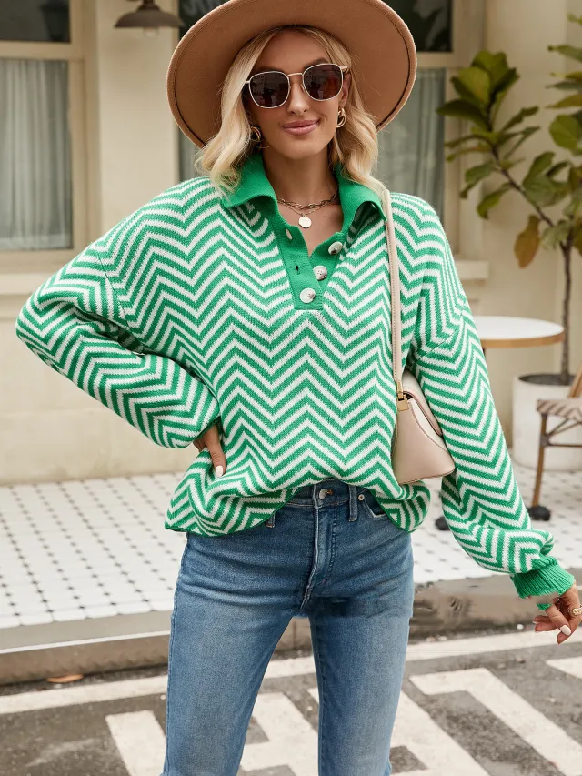 Fashionable Striped Knit Sweater For Women With Long Sleeved Color Matching Green - Shop at LoveMi