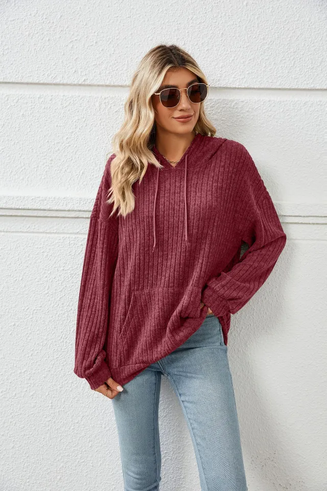 Knitted Sweater With Hooded Pit Stripe Kangaroo Pocket Sweater Red - Shop at LoveMi
